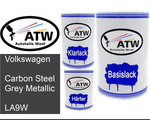 Volkswagen, Carbon Steel Grey Metallic, LA9W: 500ml Lackdose + 500ml Klarlack + 250ml Härter - Set, von ATW Autoteile West.